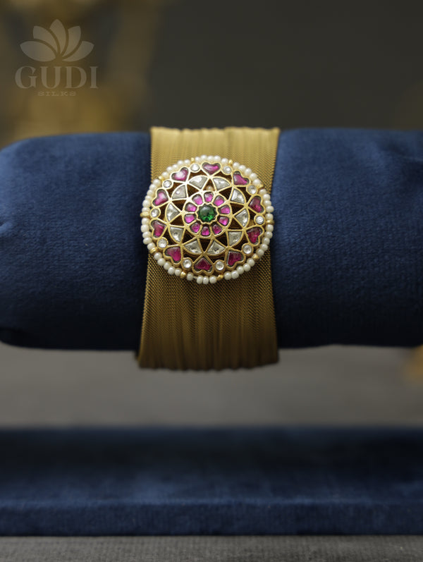 Jadau kada/Bracelet - Gold toned band with floral motif