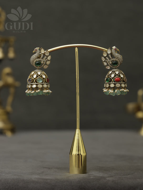 Navaratna Moissanite victorian jhumka with green beads