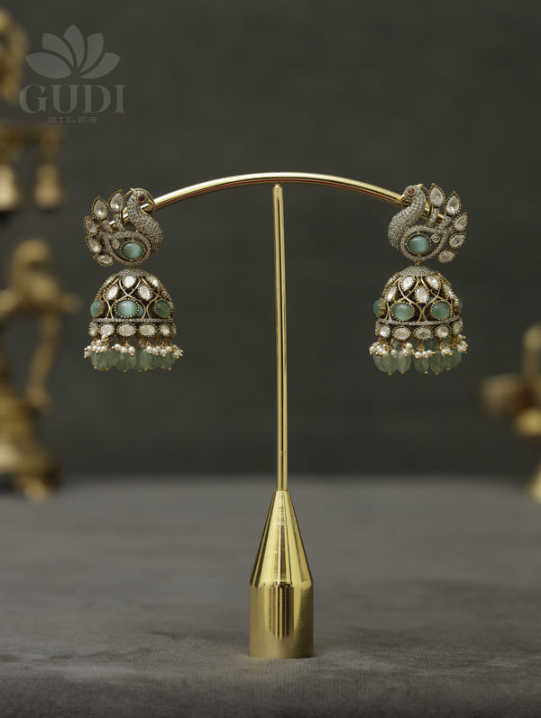 Peacock Moissanite victorian jhumka with green beads