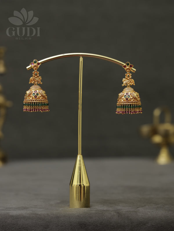 Antique temple jhumkas with bead drops