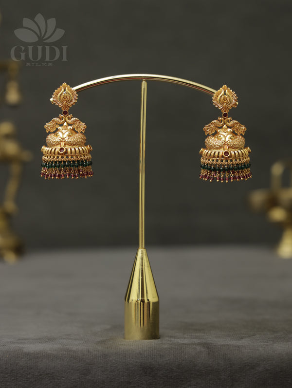 Antique temple jhumkas with bead drops