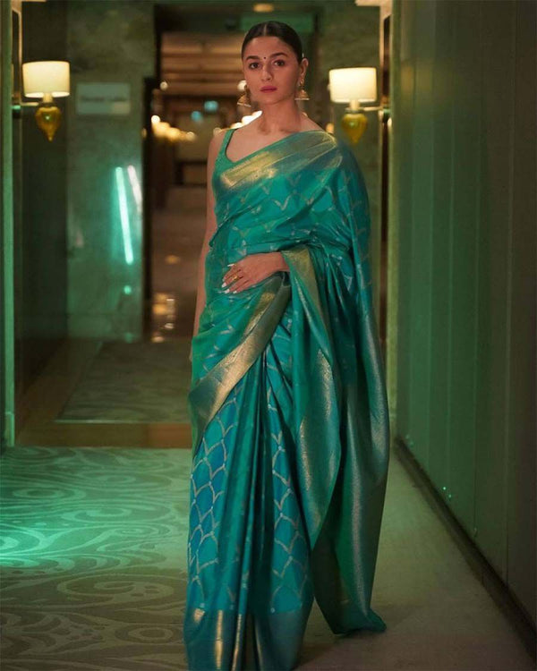 Alia inspired teal banarasi silk saree
