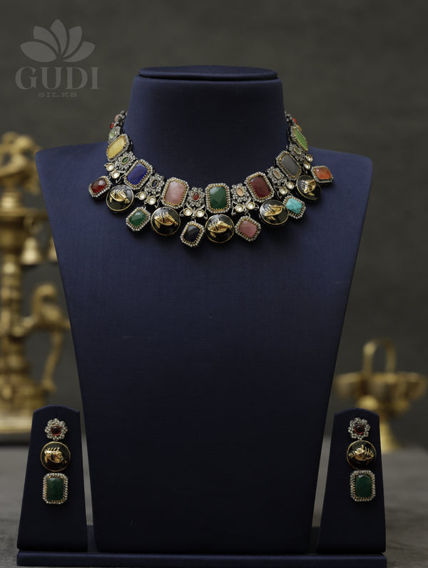 Sabyasachi inspired victorian finish multicolor statement necklace set