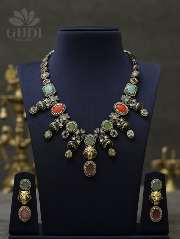 Sabyasachi inspired victorian finish multicolor statement necklace set