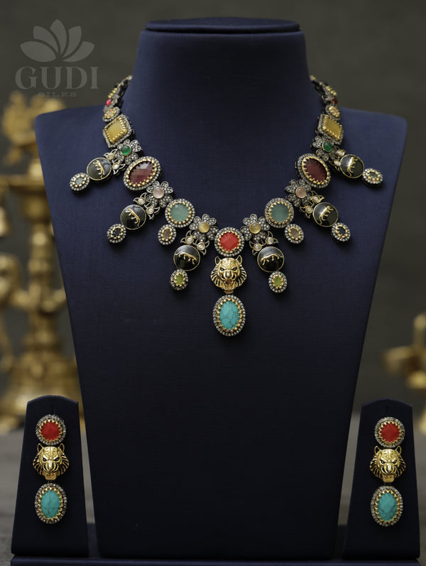 Sabyasachi inspired victorian finish multicolor statement necklace set