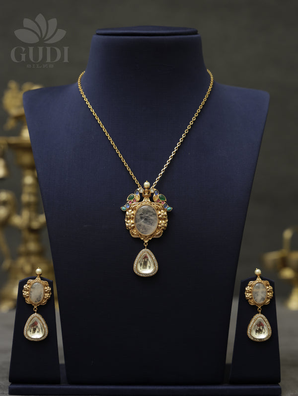 Natural stone uncut Kundan Drop pendant set