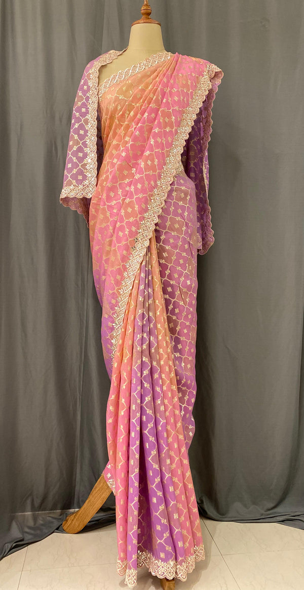 Georgette saree with embellishments - Ombre - pink and purple