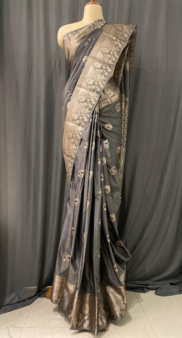 Fusion Kanjeevaram silk saree - Grey with silver zari