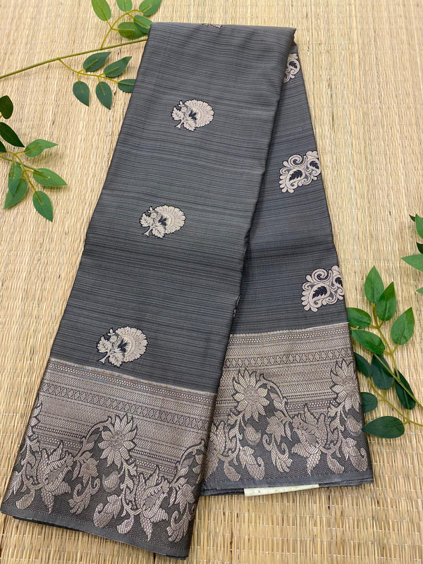 Fusion Kanjeevaram silk saree - Grey with silver zari