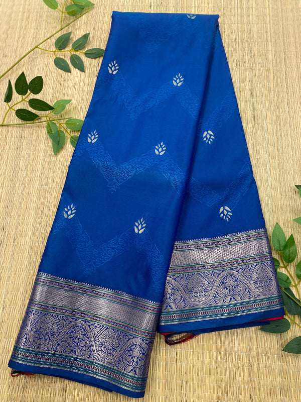 Fusion Kanjeevaram silk saree - Blue with silver zari