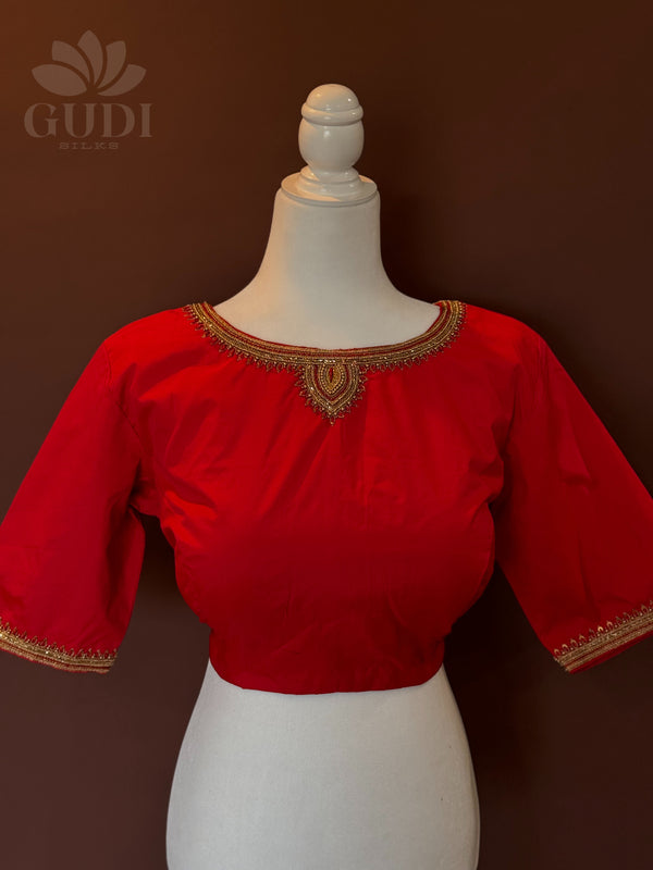 Red Embroidered silk blouse