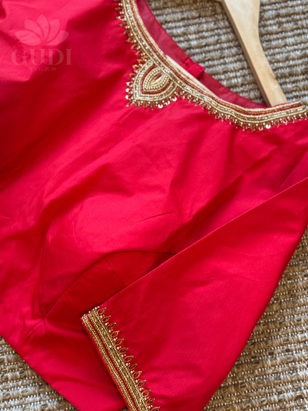 Red Embroidered silk blouse