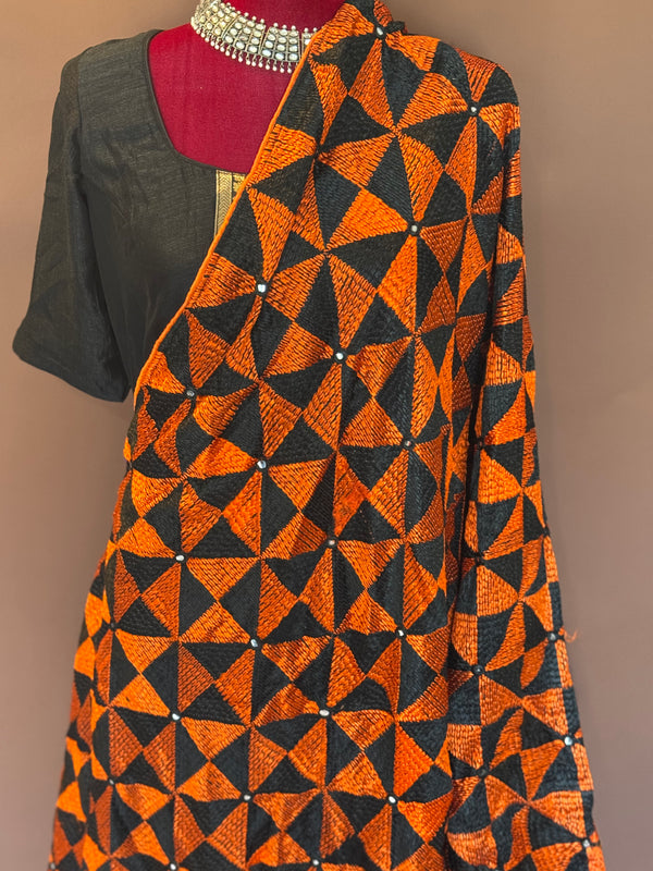 Orange and black phulkari duppatta
