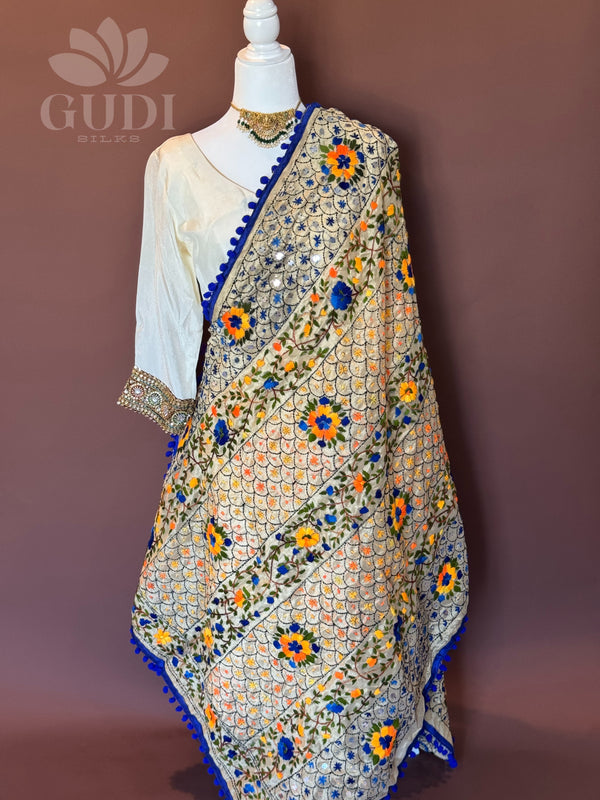 Cream with blue phulkari duppatta
