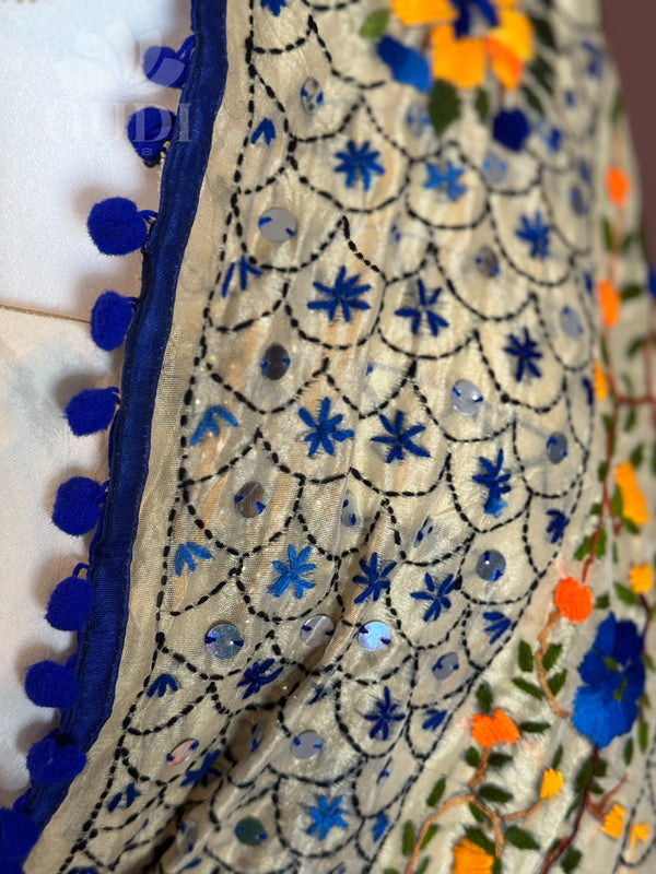 Cream with blue phulkari duppatta