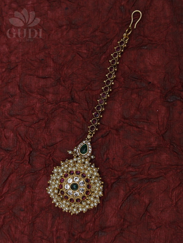 Maang Tikka - Antique with Pearls and Kempu