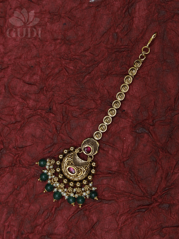 Maang Tikka - Antique with green beads