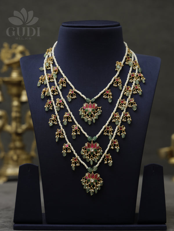 Green Jadau Necklace - Rani Haaram - 3 layered