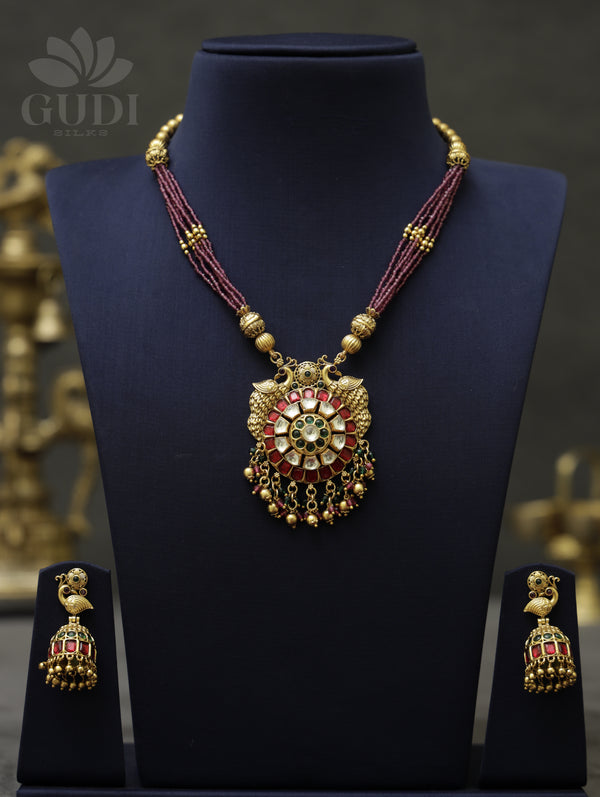Jadau Necklace - Peacock- dark pink crystal beads