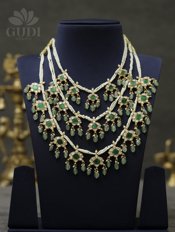 Green Jadau Necklace - Rani Haaram - 3 layered