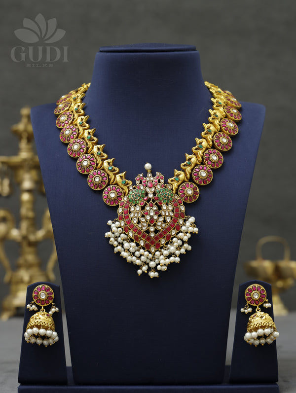 Jadau Necklace - Peacock motif coin set with pearl danglers