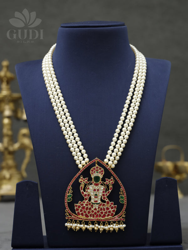 Jadau Necklace - Lakshmi Jadau with 3 layered pearl strands