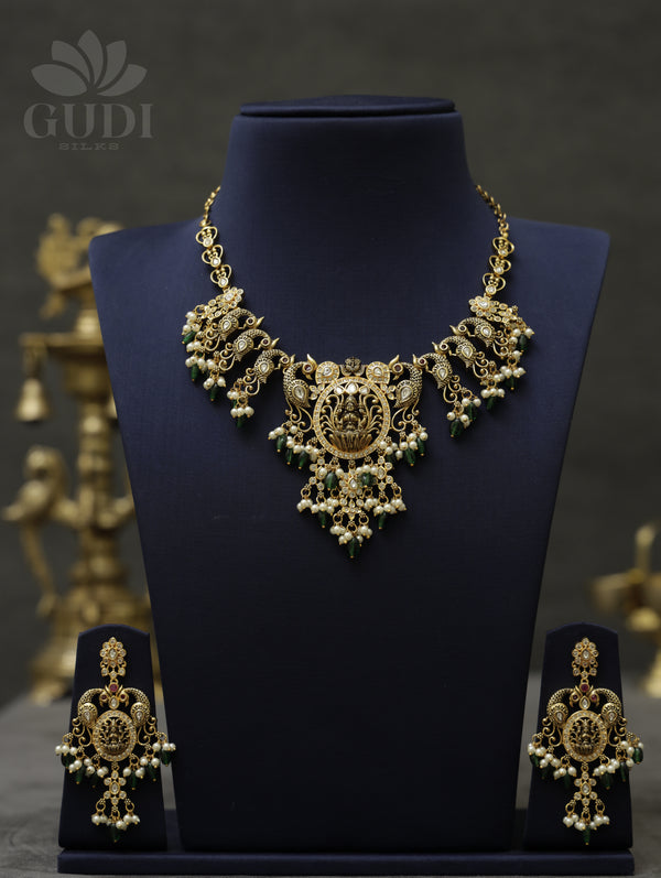 Antique Lakshmi set with green bead and pearl danglers