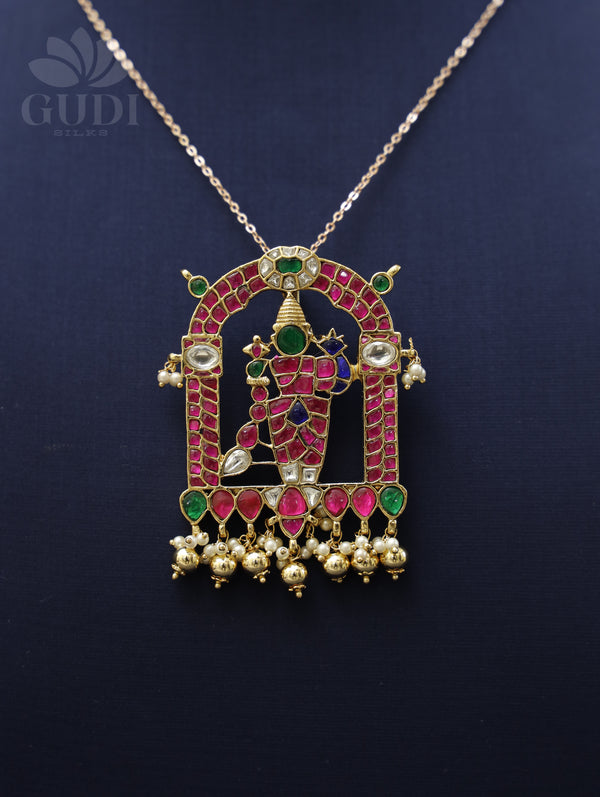 Jadau pendant - Krishna with arch frame and pearl drops'