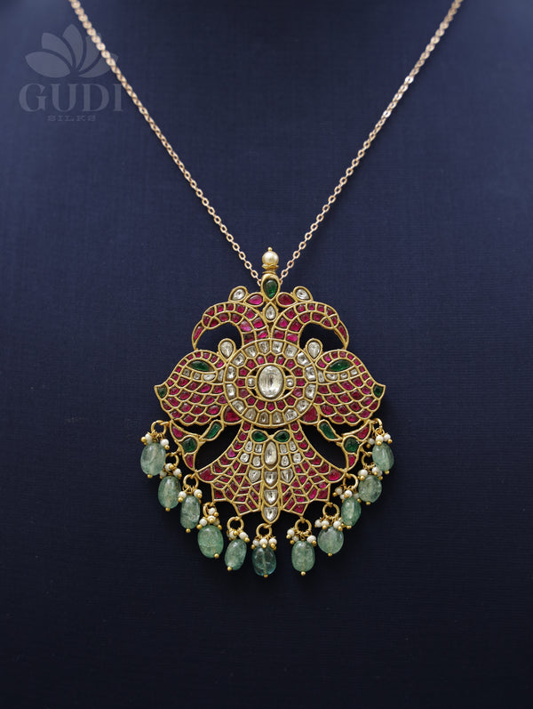 Jadau pendant - Double peacock with bead drops