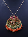 Jadau pendant - Double peacock with coral and green bead drops