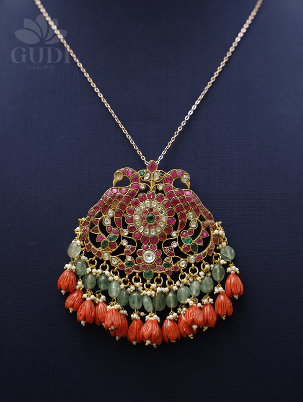 Jadau pendant - Double peacock with coral and green bead drops