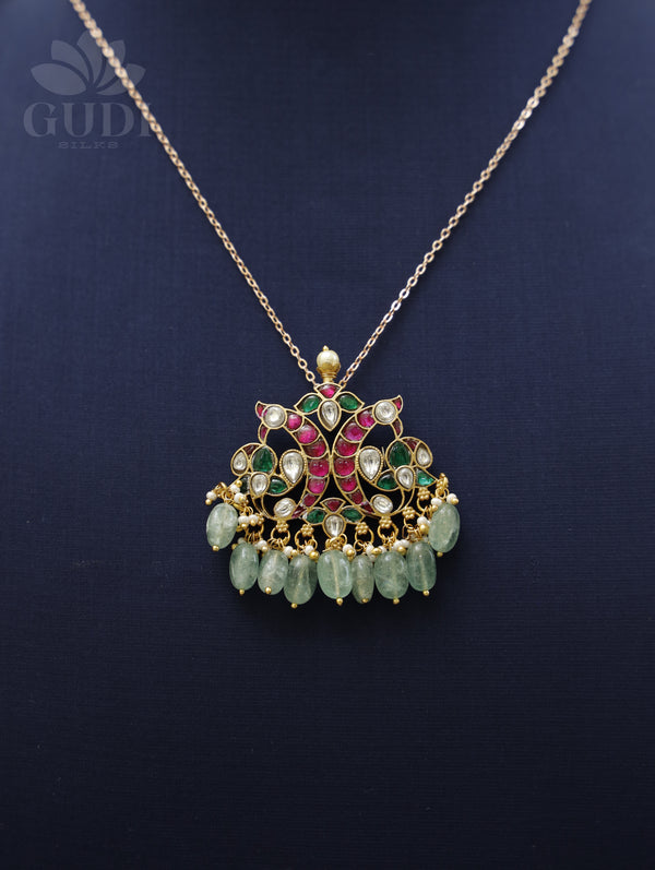 Jadau pendant - Double peacock with green bead drops