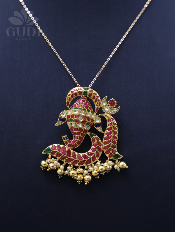 Jadau pendant - Ganesha Jadau Pendant with pearl danglers
