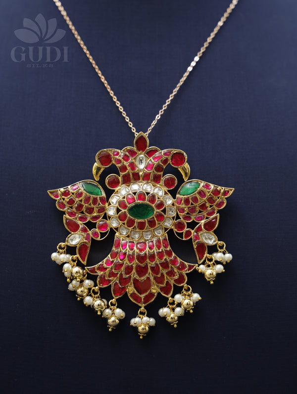 Jadau pendant - Twin peacock with pearl danglers