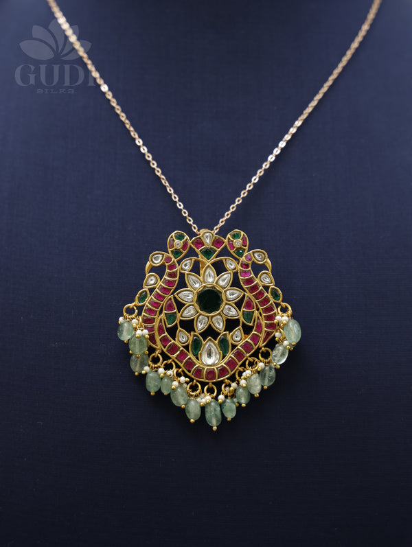 Jadau pendant - Peacock floral  with emerald green drops