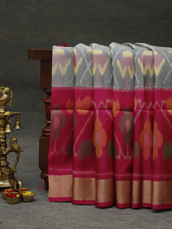 Ikkat silk saree -light grey with pink