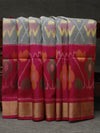 Ikkat silk saree -light grey with pink