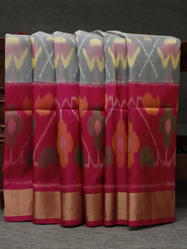 Ikkat silk saree -light grey with pink