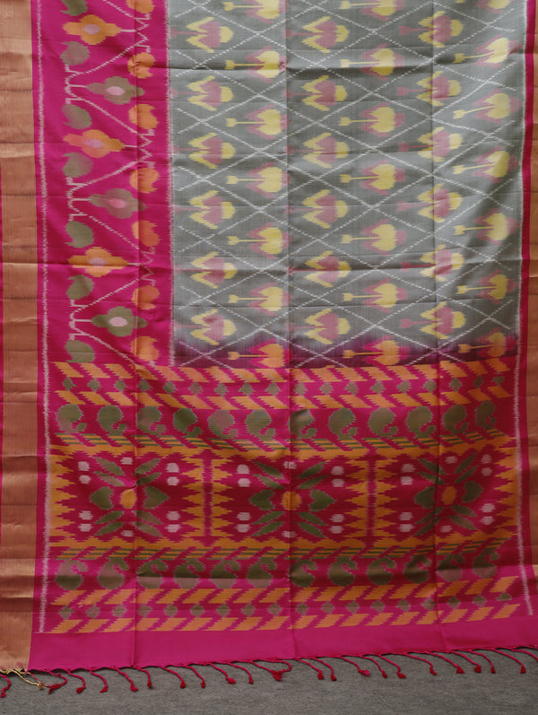 Ikkat silk saree -light grey with pink