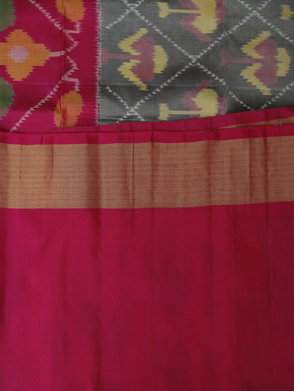 Ikkat silk saree -light grey with pink