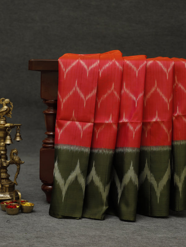 Ikkat silk saree -Red with olive green