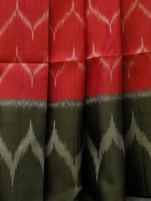 Ikkat silk saree -Red with olive green