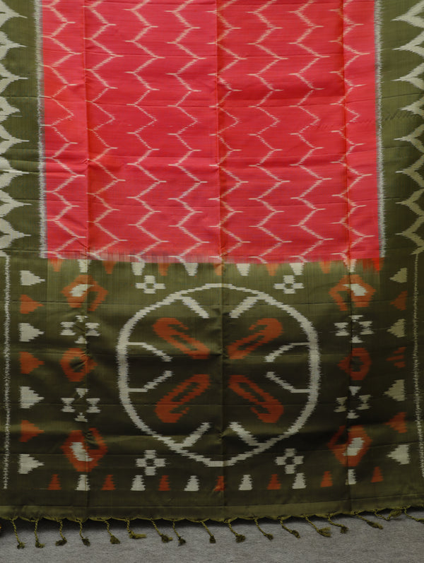 Ikkat silk saree -Red with olive green