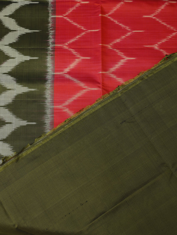 Ikkat silk saree -Red with olive green