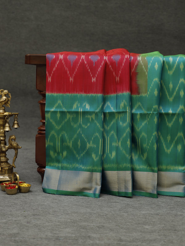 Ikkat silk saree -Fiery Red with lush green