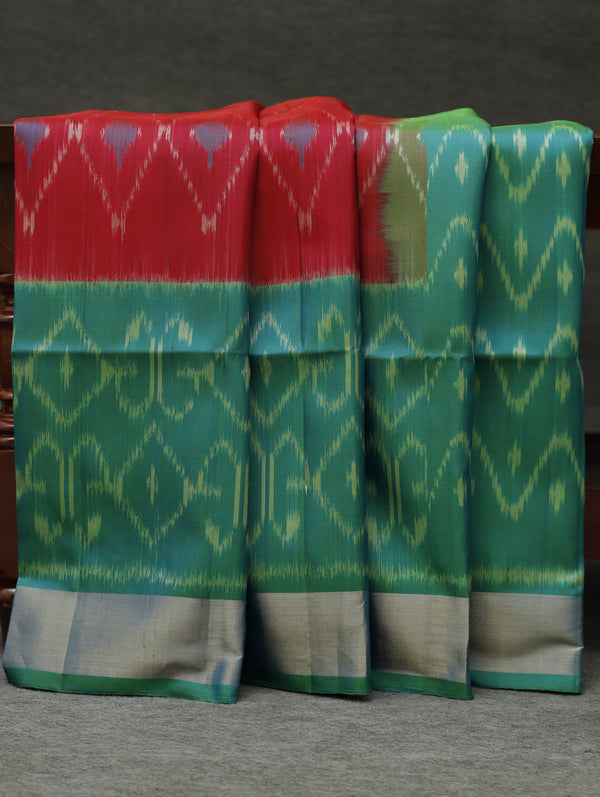 Ikkat silk saree -Fiery Red with lush green