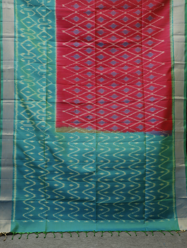 Ikkat silk saree -Fiery Red with lush green