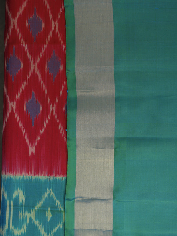 Ikkat silk saree -Fiery Red with lush green