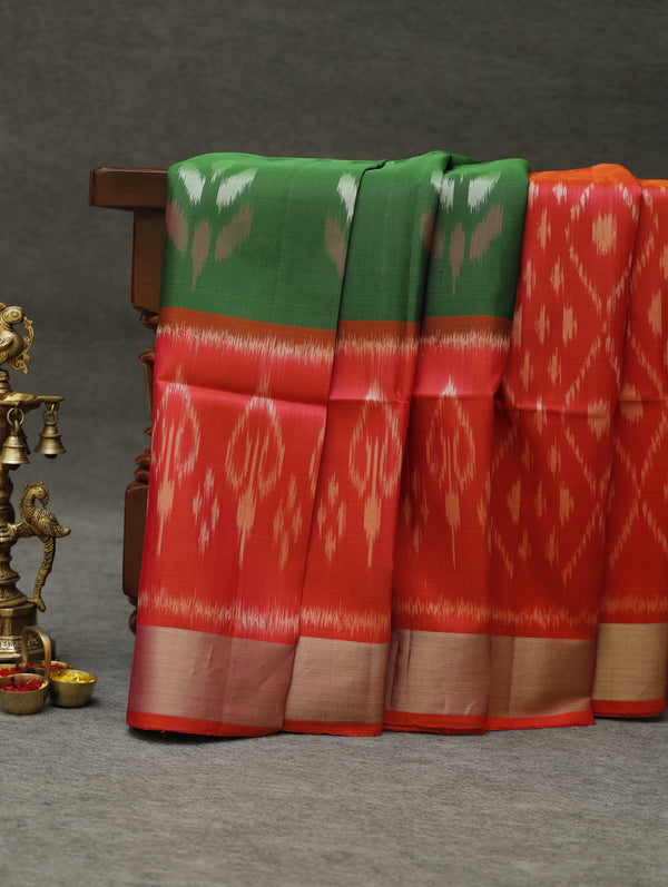 Ikkat silk saree -Green with red