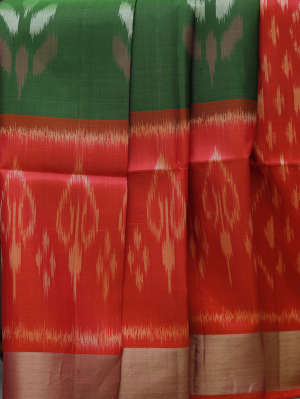 Ikkat silk saree -Green with red